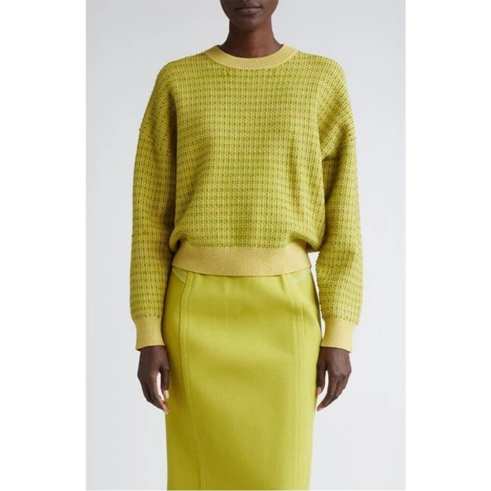 NWT St. John Bicolor Textured Knit Crew Neck‎ Sweater in Yellow/Green Size XS